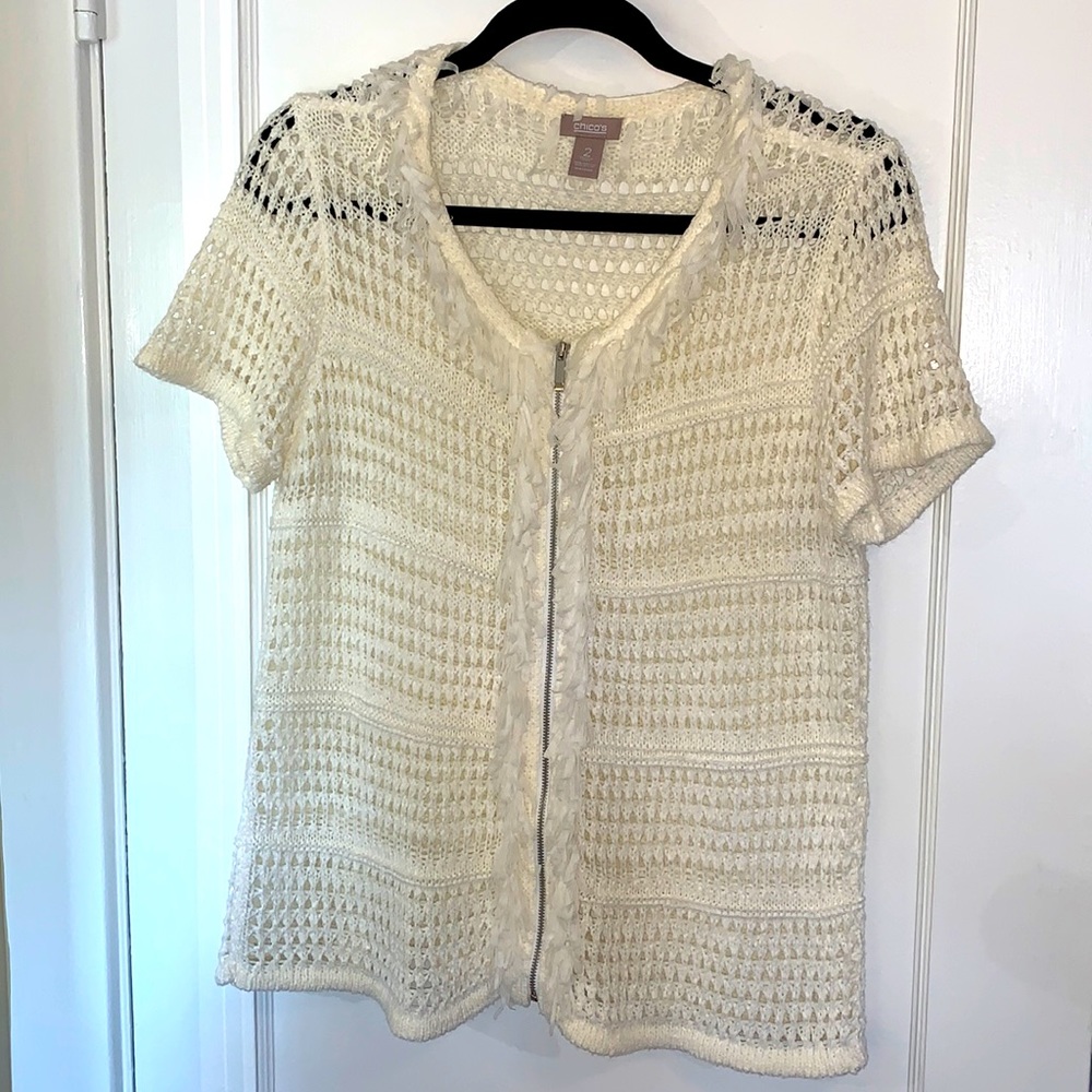 Chico’s Cream Zip Short Sleeve Cardigan 2 Large